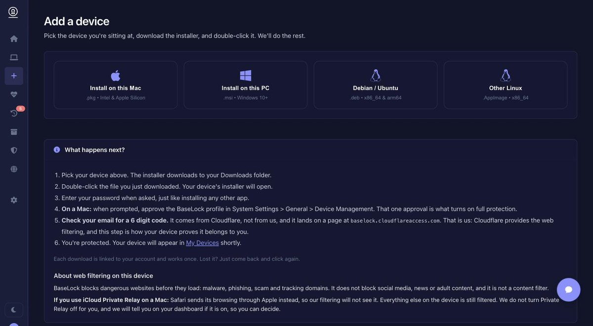 The Add devices page, showing installer buttons for macOS,
                          Windows, and Debian or Ubuntu, above a numbered list
                          explaining what happens after you run the installer.