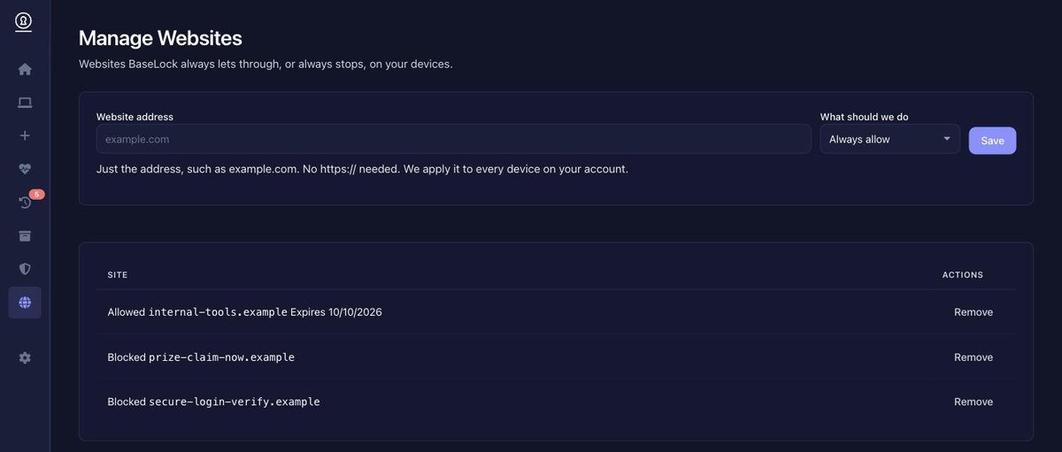 The Manage Websites page. A form takes a website address and a
                          choice of always allow or always block. Below it, one allowed
                          site shows an expiry date and two blocked sites show none.