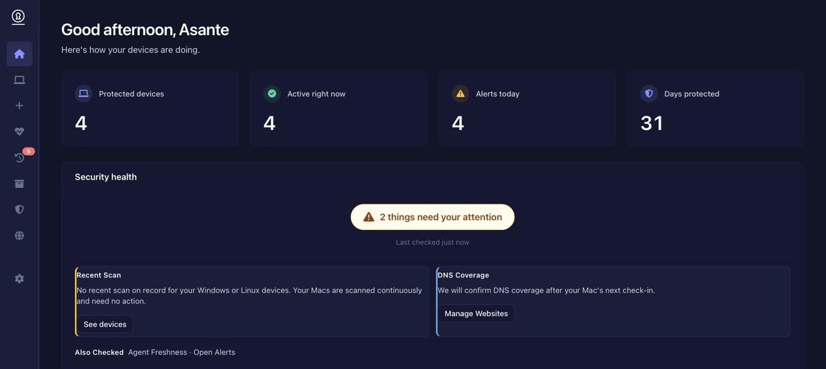 The BaseLock dashboard showing four counters for protected
                          devices, devices active now, alerts today and days protected,
                          above a Security health panel summarising what needs attention.